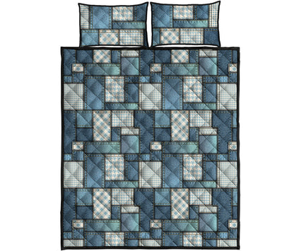 Plaid And Denim Patchwork Pattern Print Quilt Bed Set