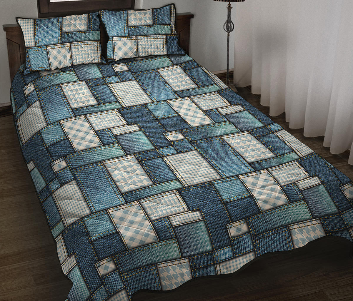 Plaid And Denim Patchwork Pattern Print Quilt Bed Set