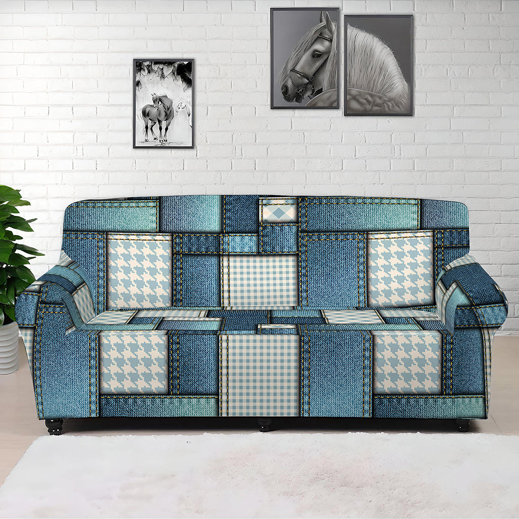Plaid And Denim Patchwork Pattern Print Sofa Cover