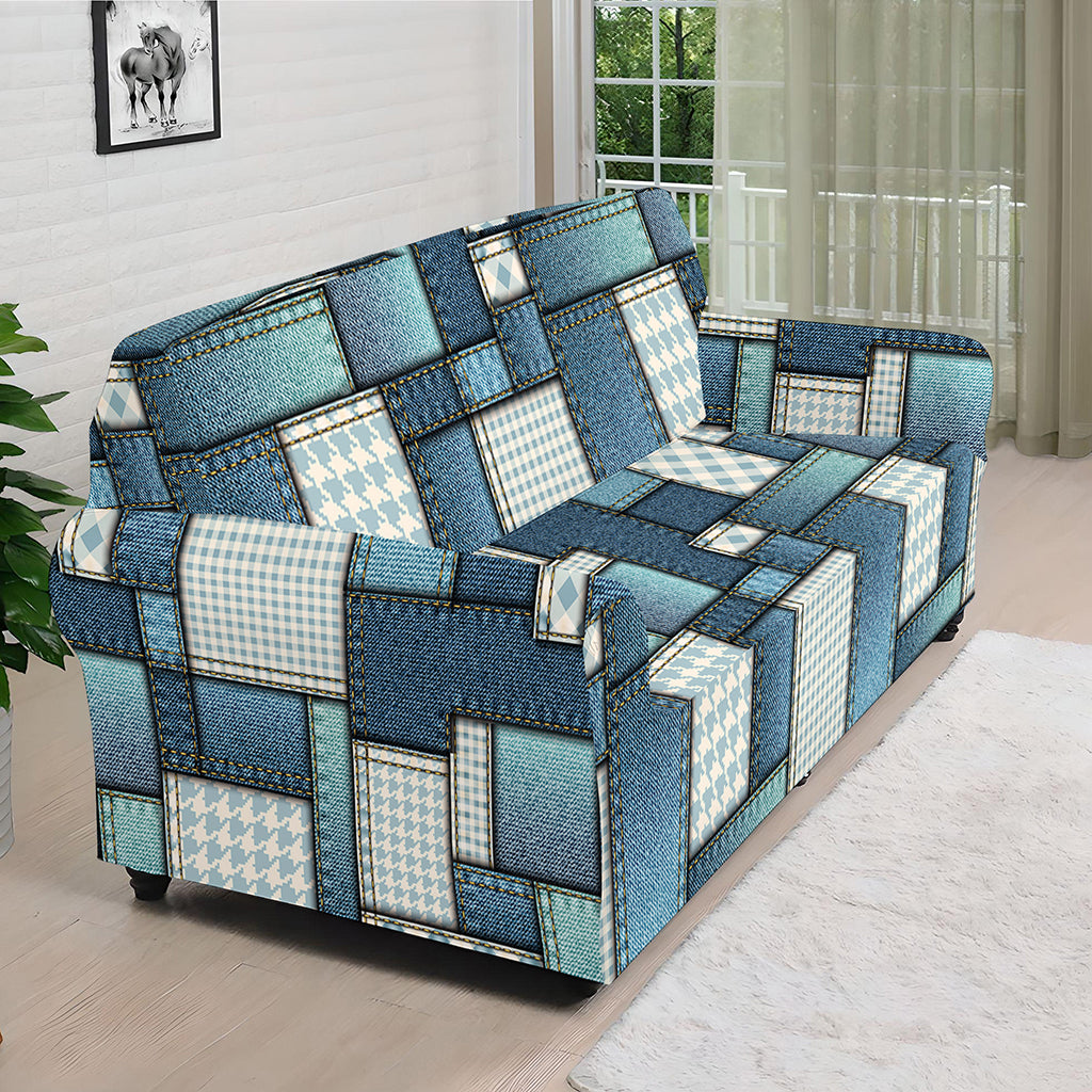 Plaid And Denim Patchwork Pattern Print Sofa Cover