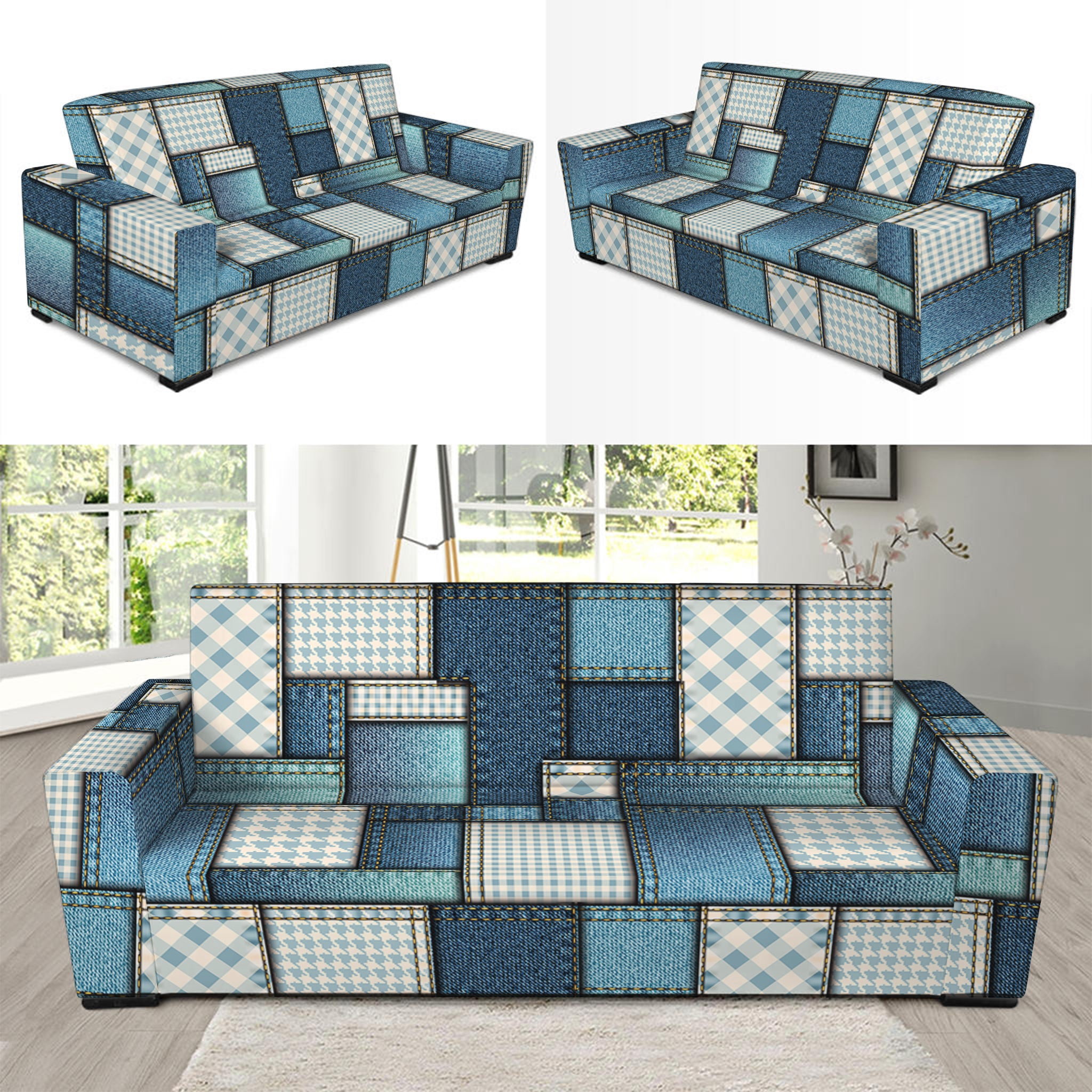 Plaid And Denim Patchwork Pattern Print Sofa Slipcover