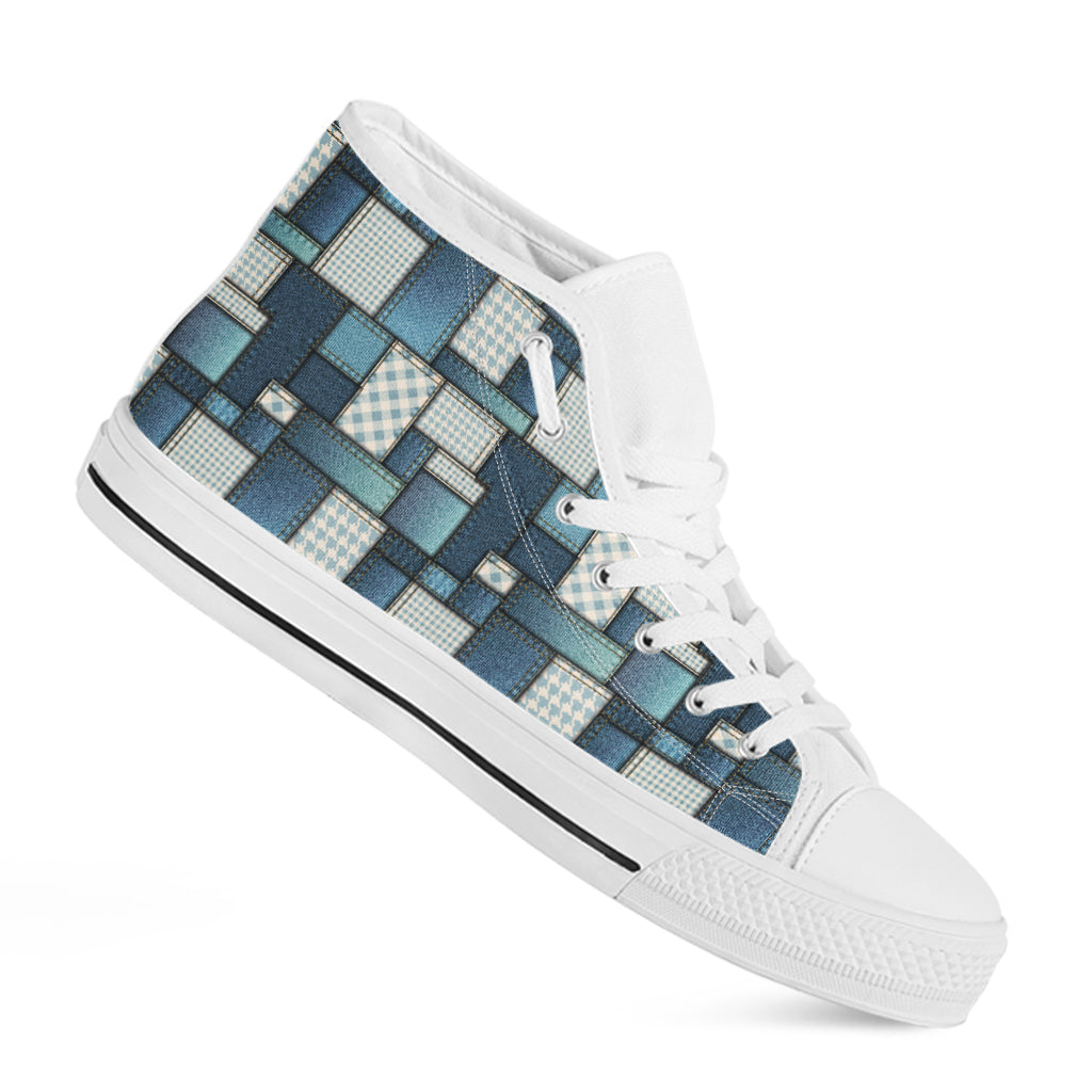 Plaid And Denim Patchwork Pattern Print White High Top Shoes