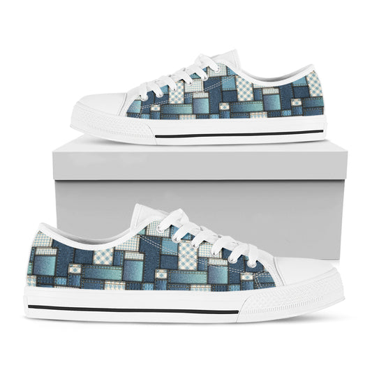 Plaid And Denim Patchwork Pattern Print White Low Top Shoes