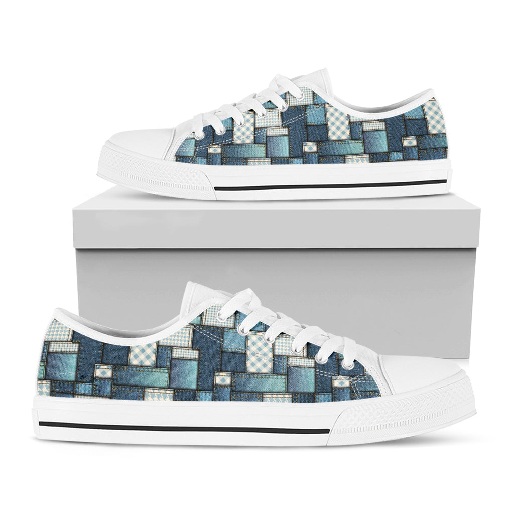 Plaid And Denim Patchwork Pattern Print White Low Top Shoes