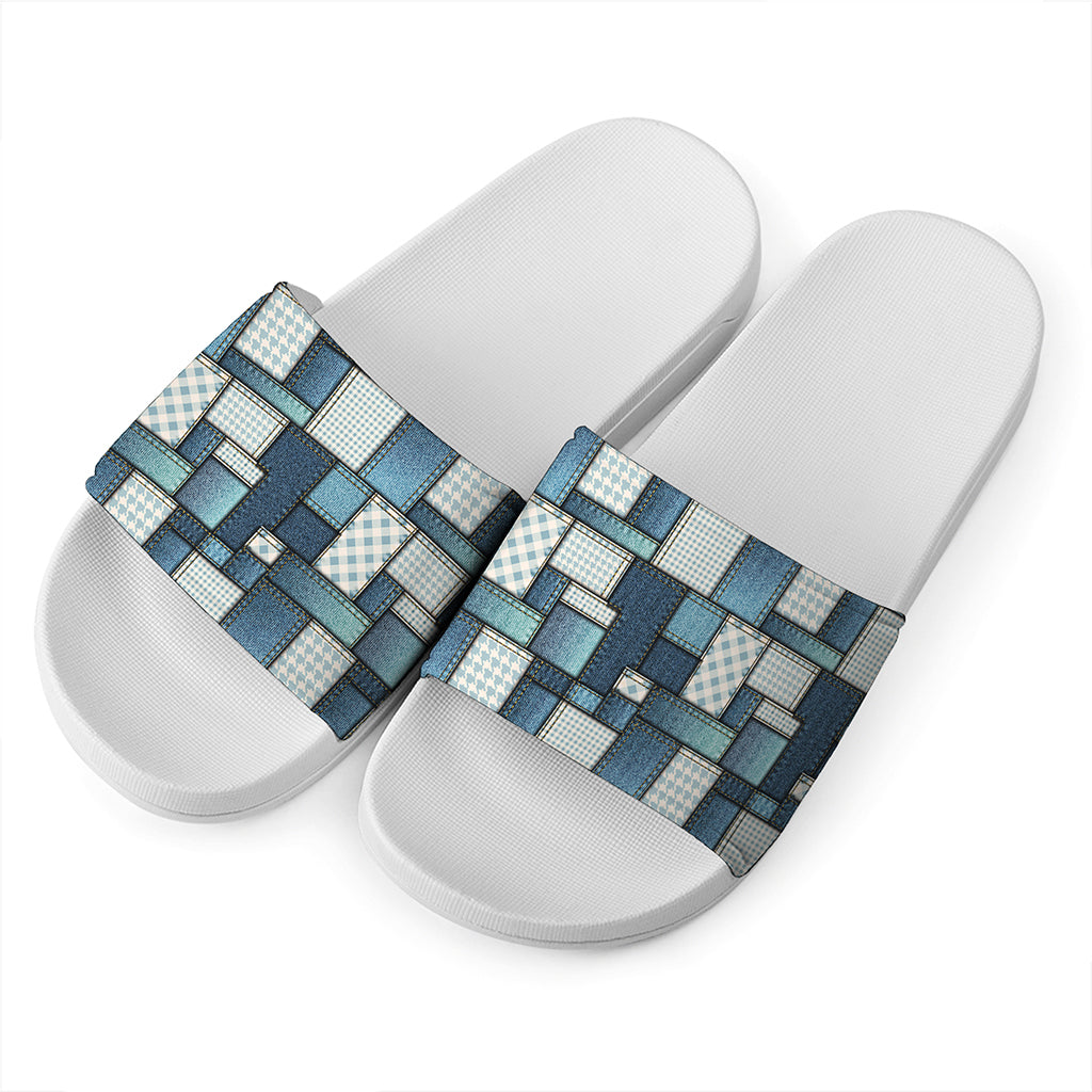 Plaid And Denim Patchwork Pattern Print White Slide Sandals
