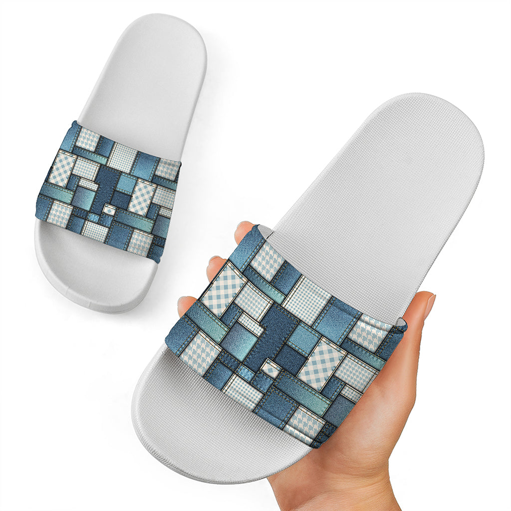 Plaid And Denim Patchwork Pattern Print White Slide Sandals