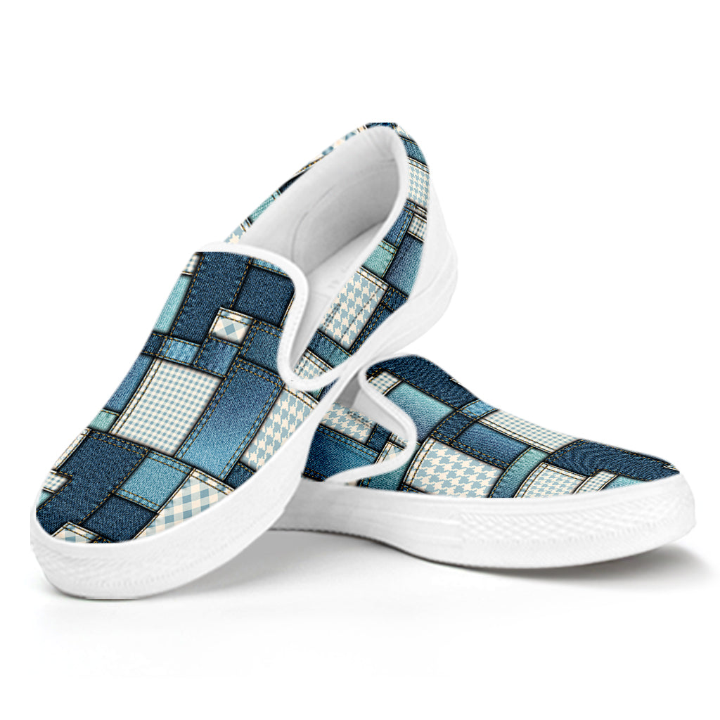 Plaid And Denim Patchwork Pattern Print White Slip On Shoes