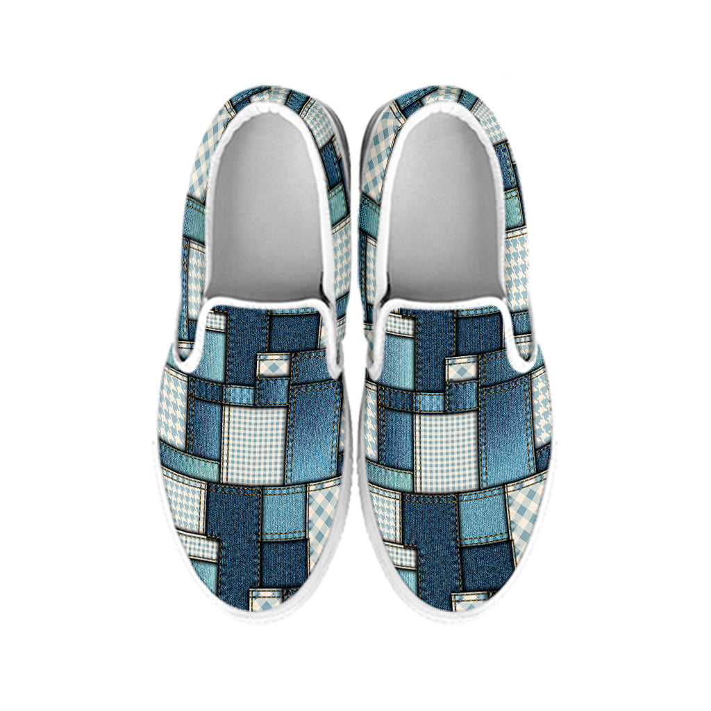Plaid And Denim Patchwork Pattern Print White Slip On Shoes
