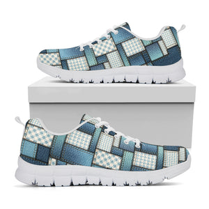 Plaid And Denim Patchwork Pattern Print White Sneakers