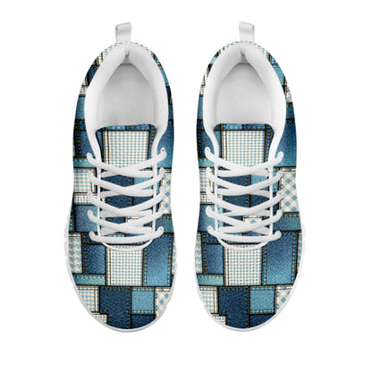 Plaid And Denim Patchwork Pattern Print White Sneakers