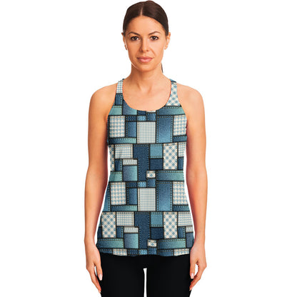 Plaid And Denim Patchwork Pattern Print Women's Racerback Tank Top