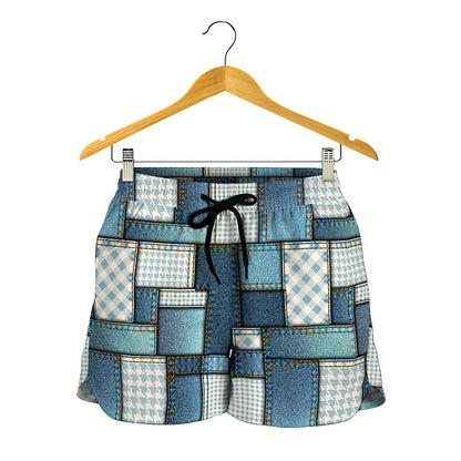 Plaid And Denim Patchwork Pattern Print Women's Shorts