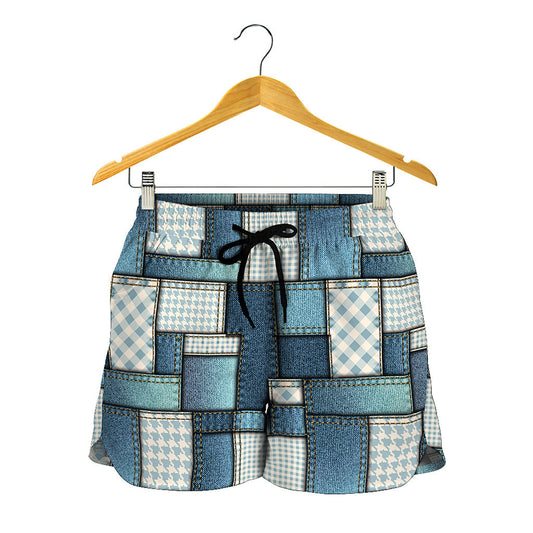 Plaid And Denim Patchwork Pattern Print Women's Shorts