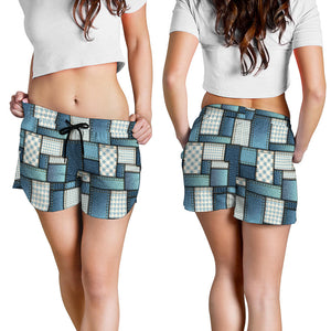 Plaid And Denim Patchwork Pattern Print Women's Shorts