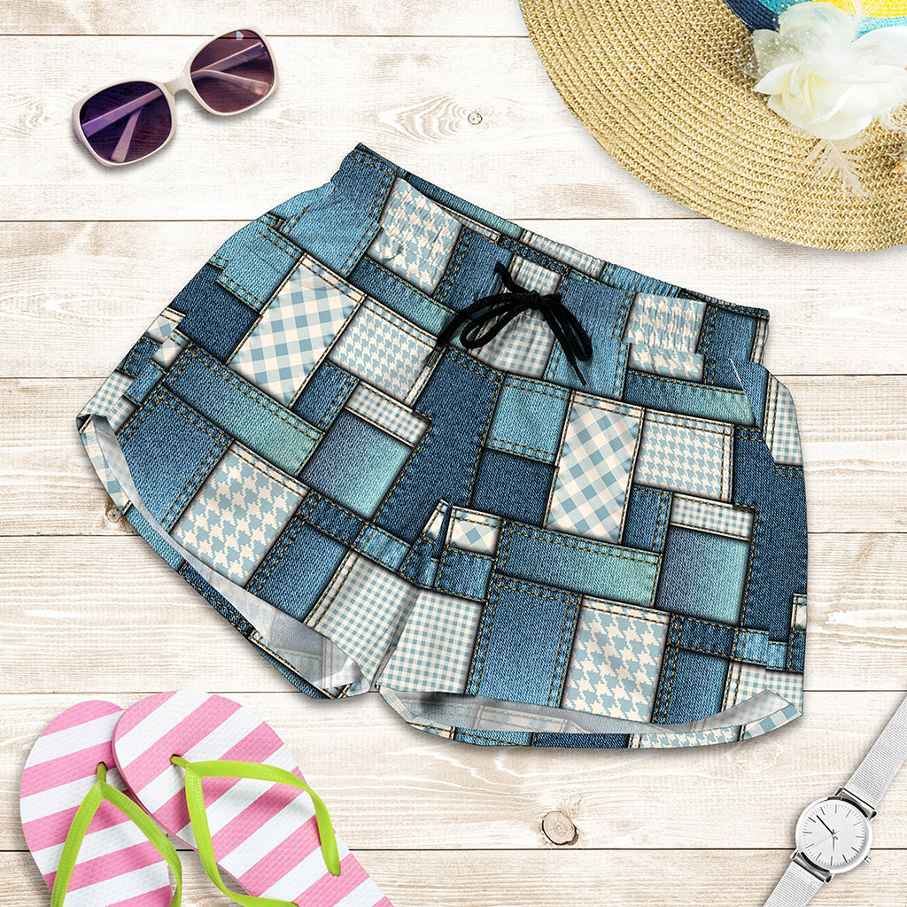 Plaid And Denim Patchwork Pattern Print Women's Shorts