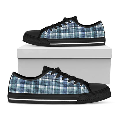 Plaid Denim Jeans Pattern Print Black Low Top Shoes