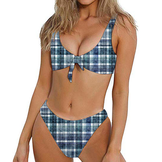 Plaid Denim Jeans Pattern Print Front Bow Tie Bikini