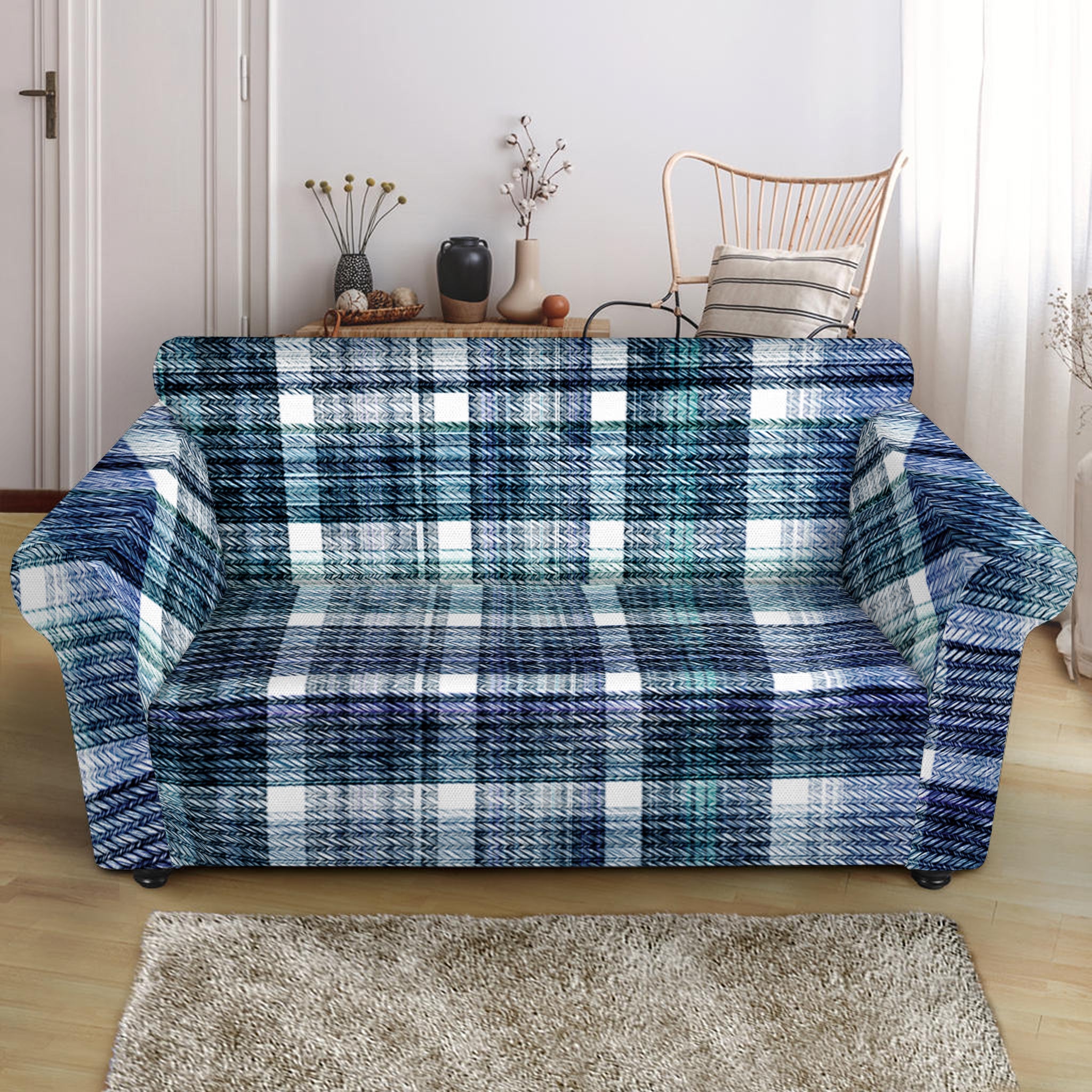 Plaid Denim Jeans Pattern Print Loveseat Slipcover