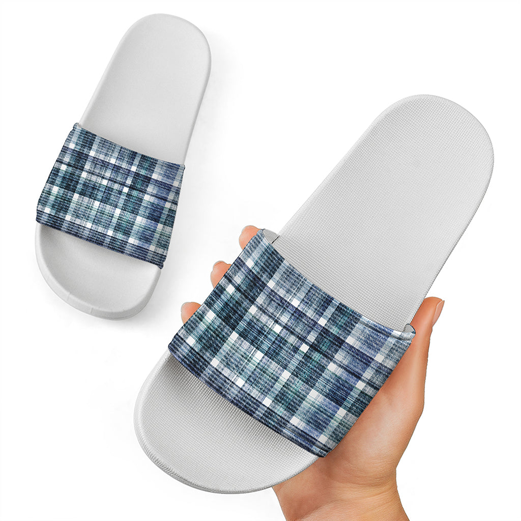 Plaid Denim Jeans Pattern Print White Slide Sandals