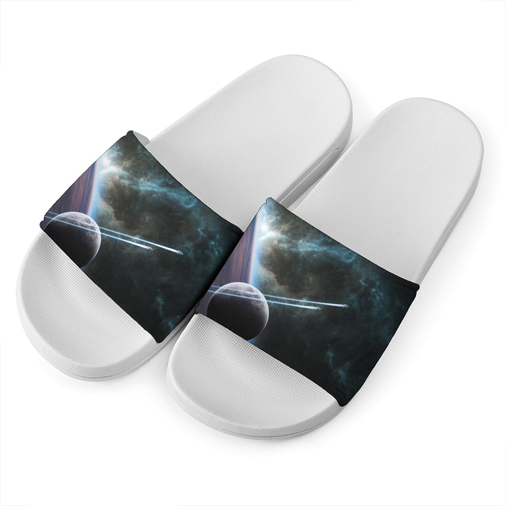 Planet And Space Print White Slide Sandals