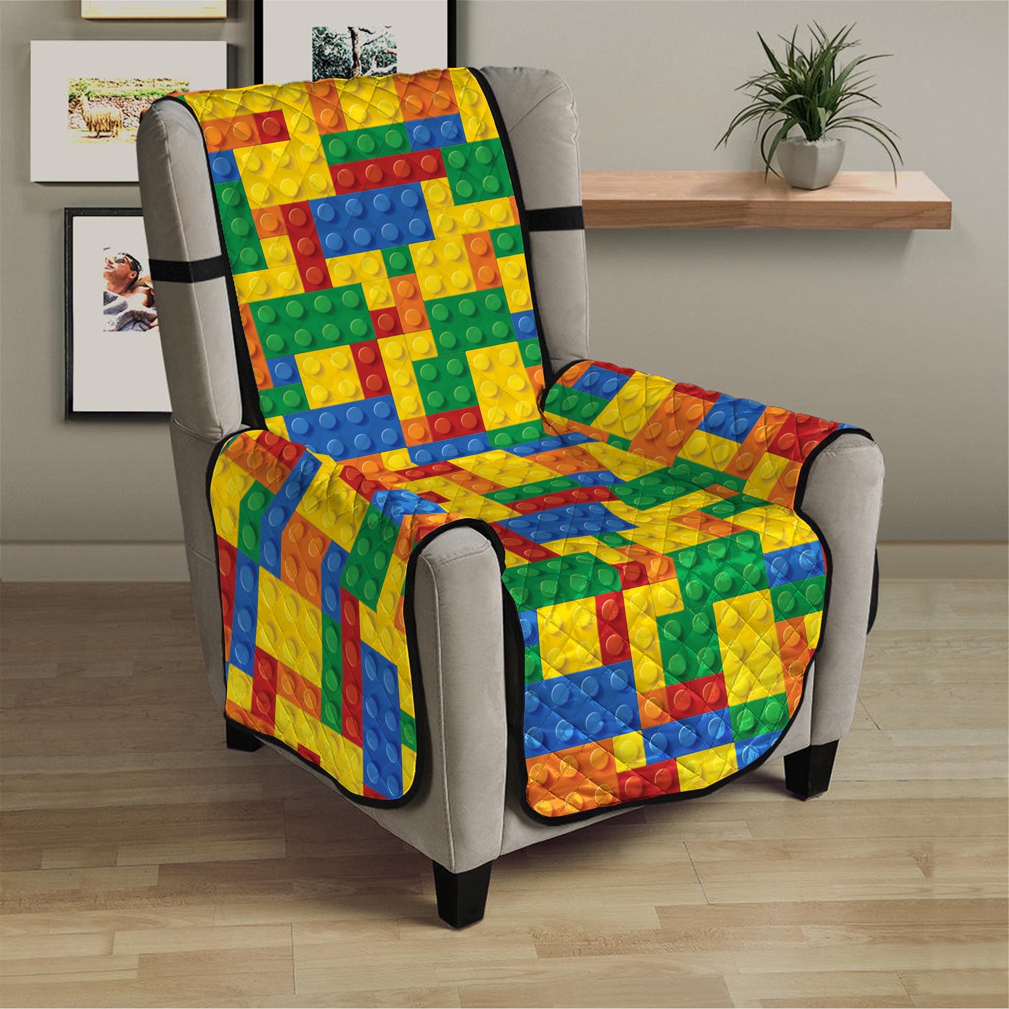 Plastic Building Blocks Pattern Print Armchair Protector