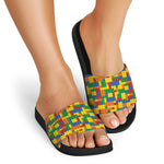 Plastic Building Blocks Pattern Print Black Slide Sandals