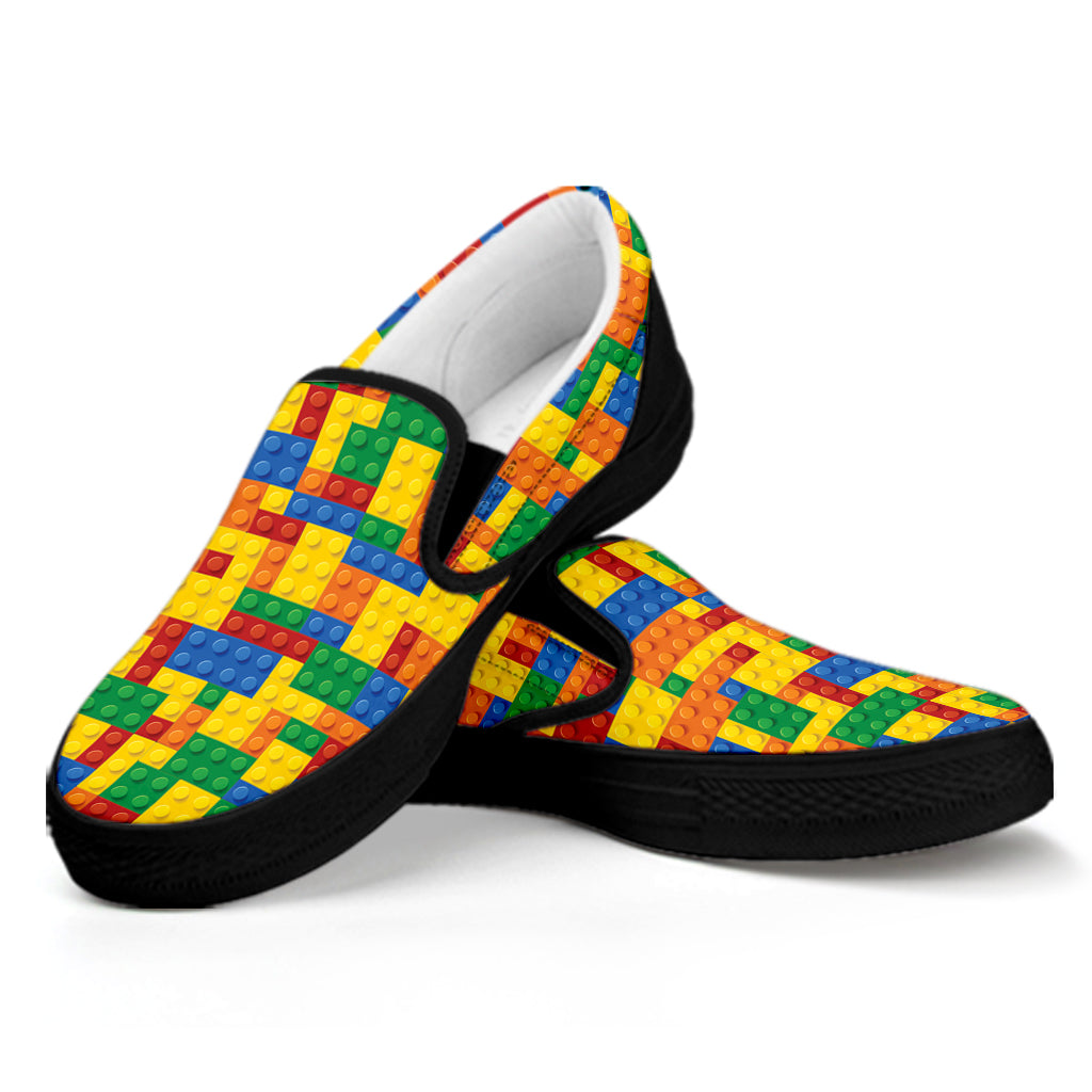 Plastic Building Blocks Pattern Print Black Slip On Shoes