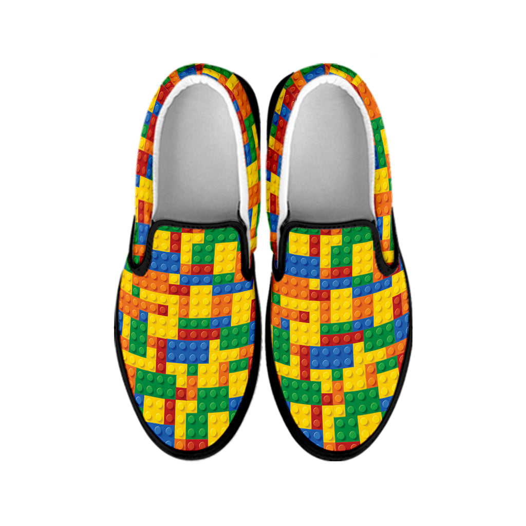 Plastic Building Blocks Pattern Print Black Slip On Shoes