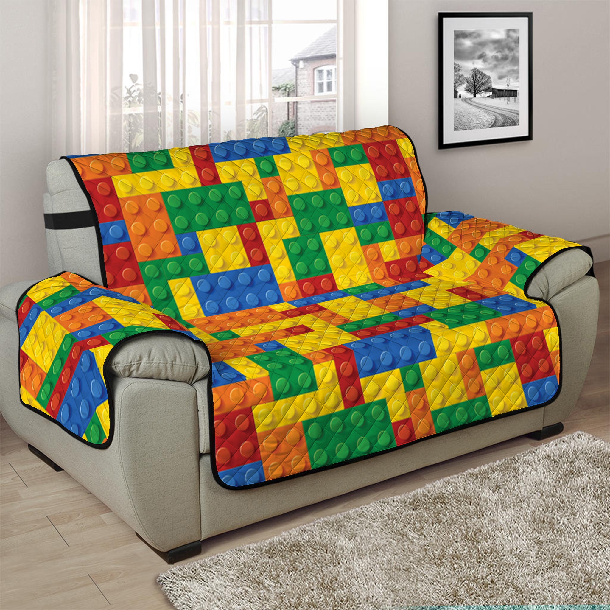 Plastic Building Blocks Pattern Print Half Sofa Protector