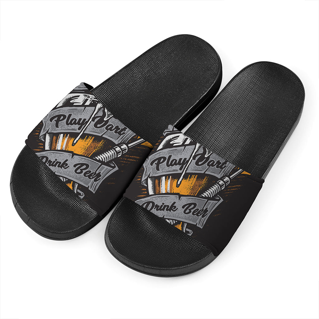 Play Dart Drink Beer Print Black Slide Sandals