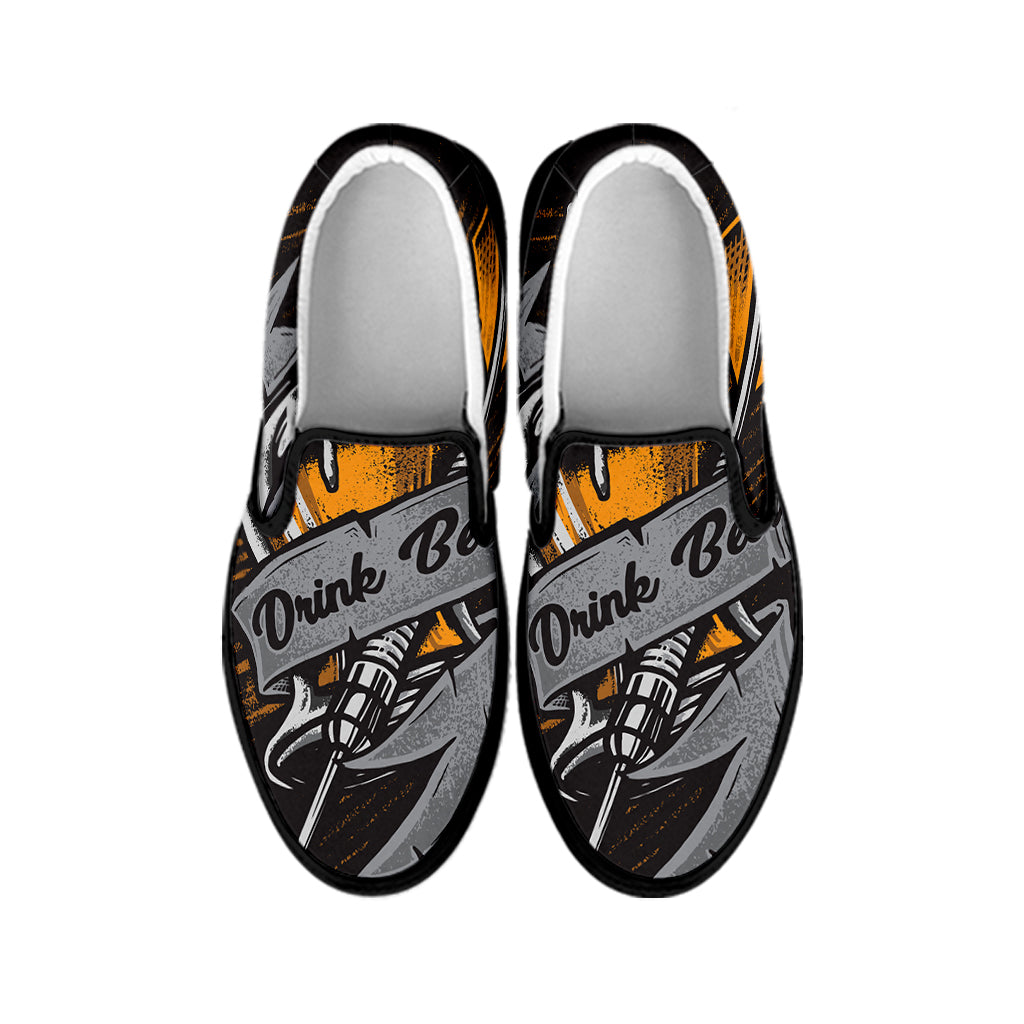 Play Dart Drink Beer Print Black Slip On Shoes