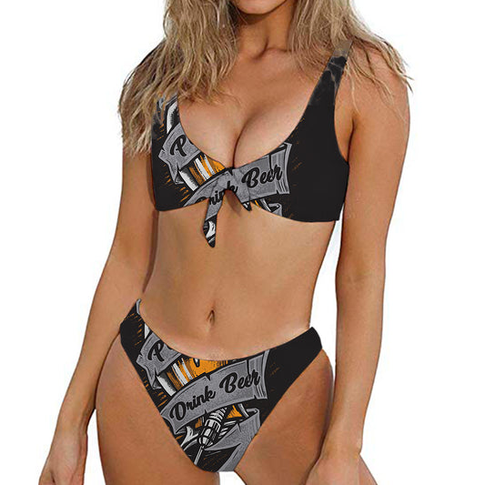 Play Dart Drink Beer Print Front Bow Tie Bikini