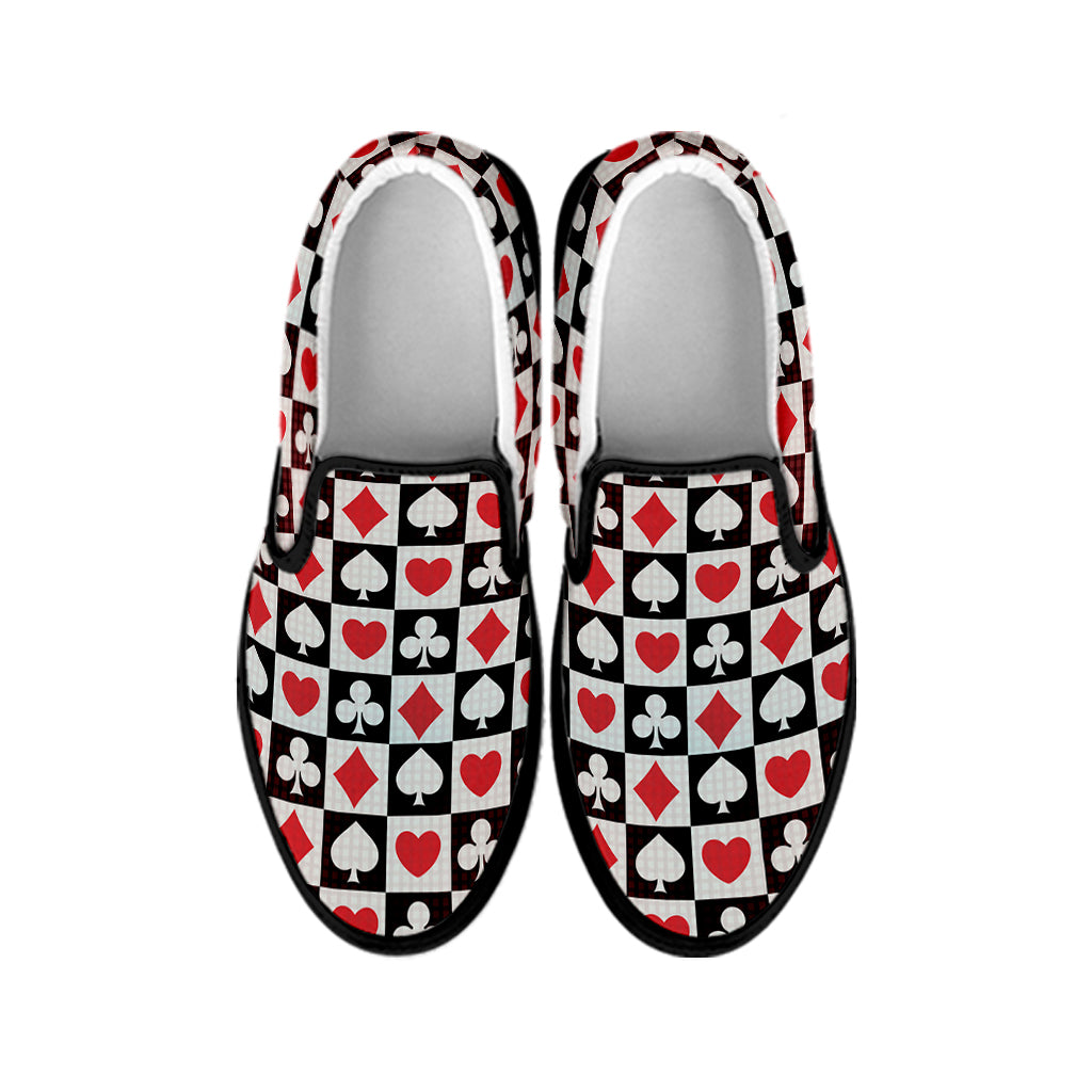 Playing Card Suits Check Pattern Print Black Slip On Shoes