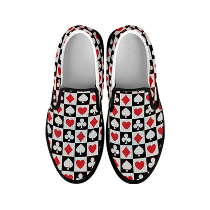 Playing Card Suits Check Pattern Print Black Slip On Shoes