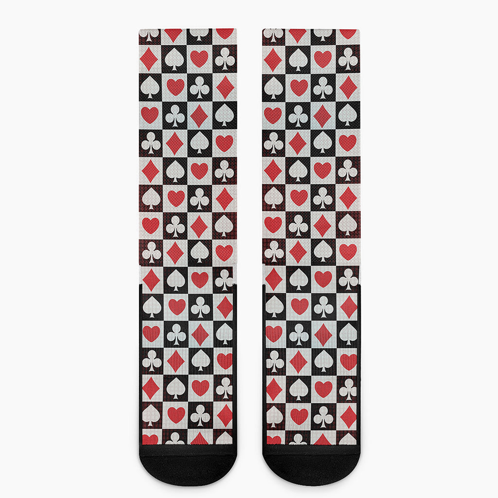 Playing Card Suits Check Pattern Print Crew Socks