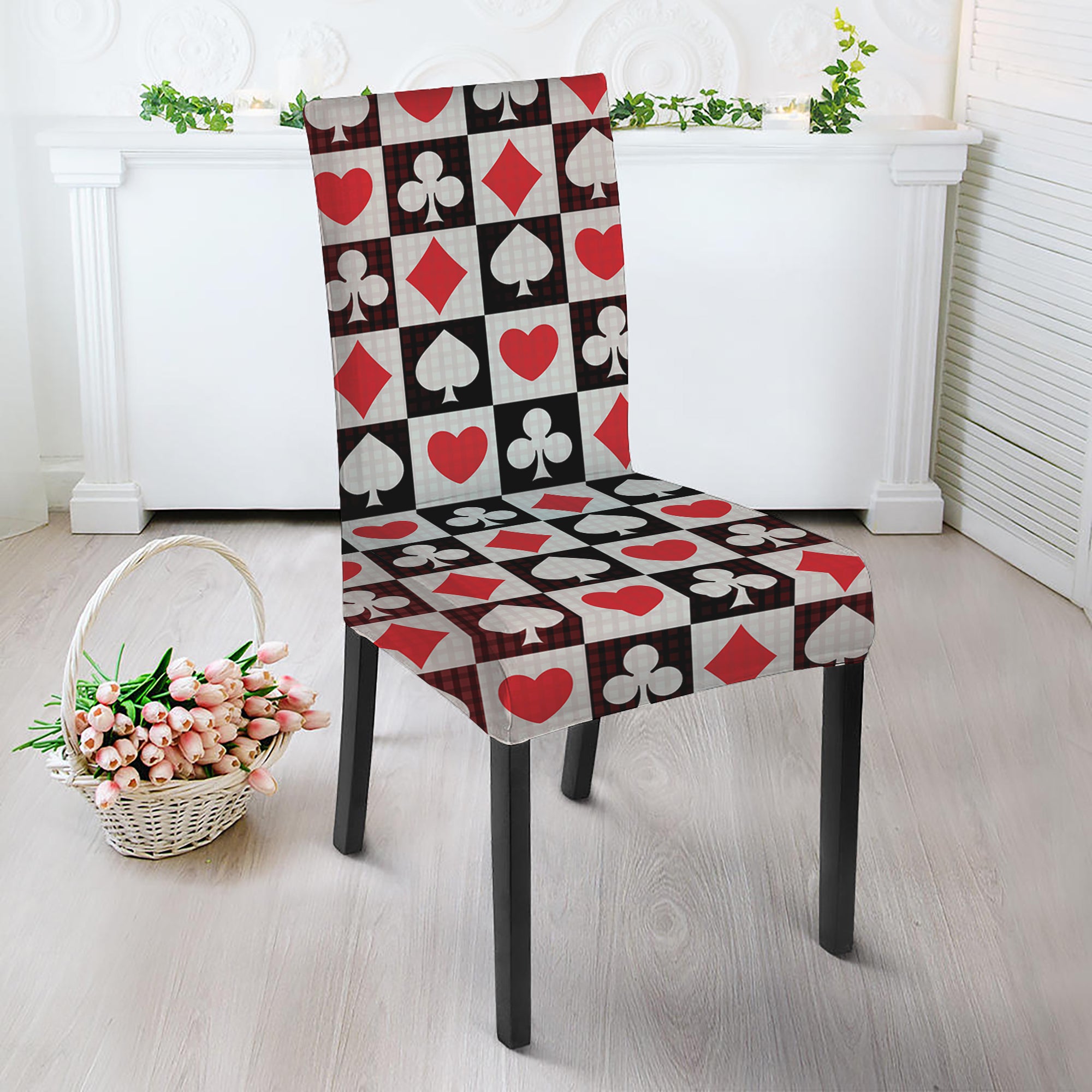 Playing Card Suits Check Pattern Print Dining Chair Slipcover