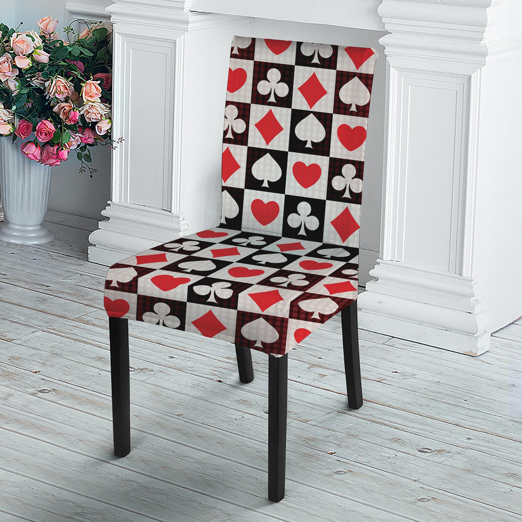 Playing Card Suits Check Pattern Print Dining Chair Slipcover