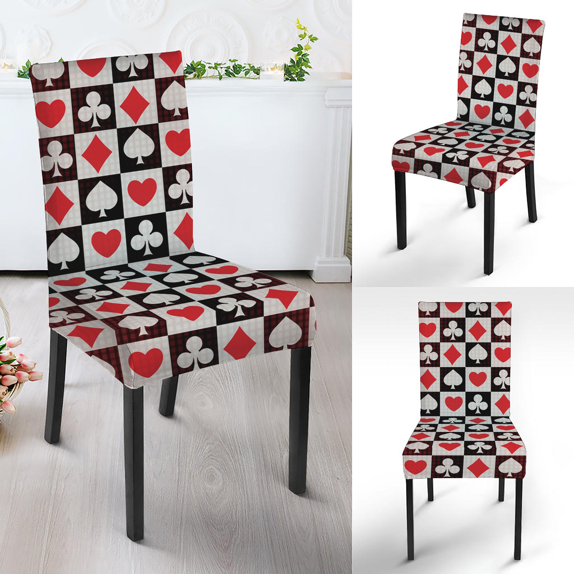 Playing Card Suits Check Pattern Print Dining Chair Slipcover