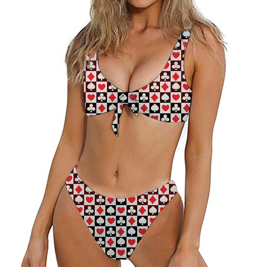 Playing Card Suits Check Pattern Print Front Bow Tie Bikini