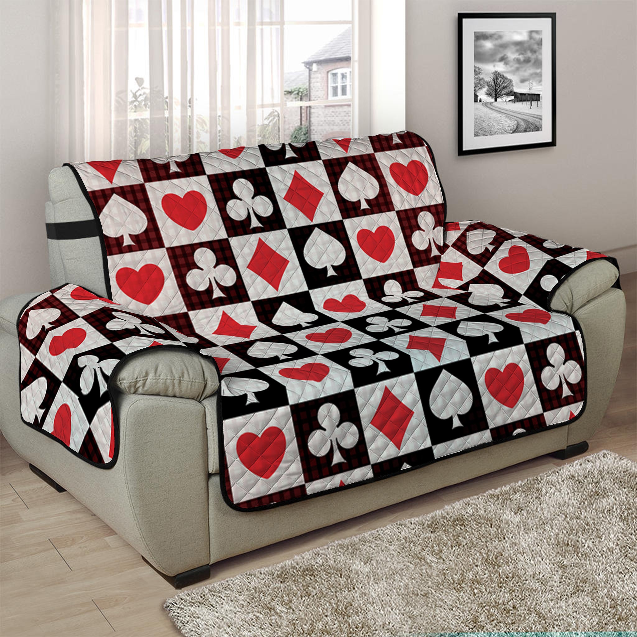 Playing Card Suits Check Pattern Print Half Sofa Protector