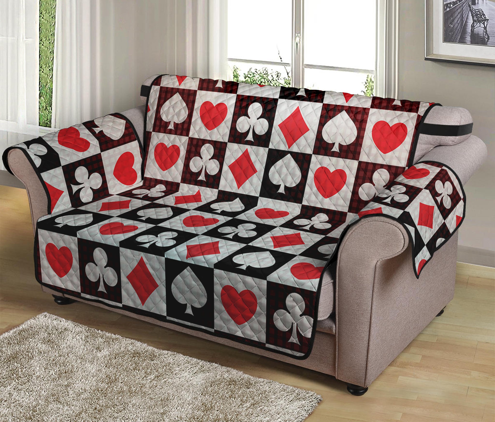 Playing Card Suits Check Pattern Print Loveseat Protector