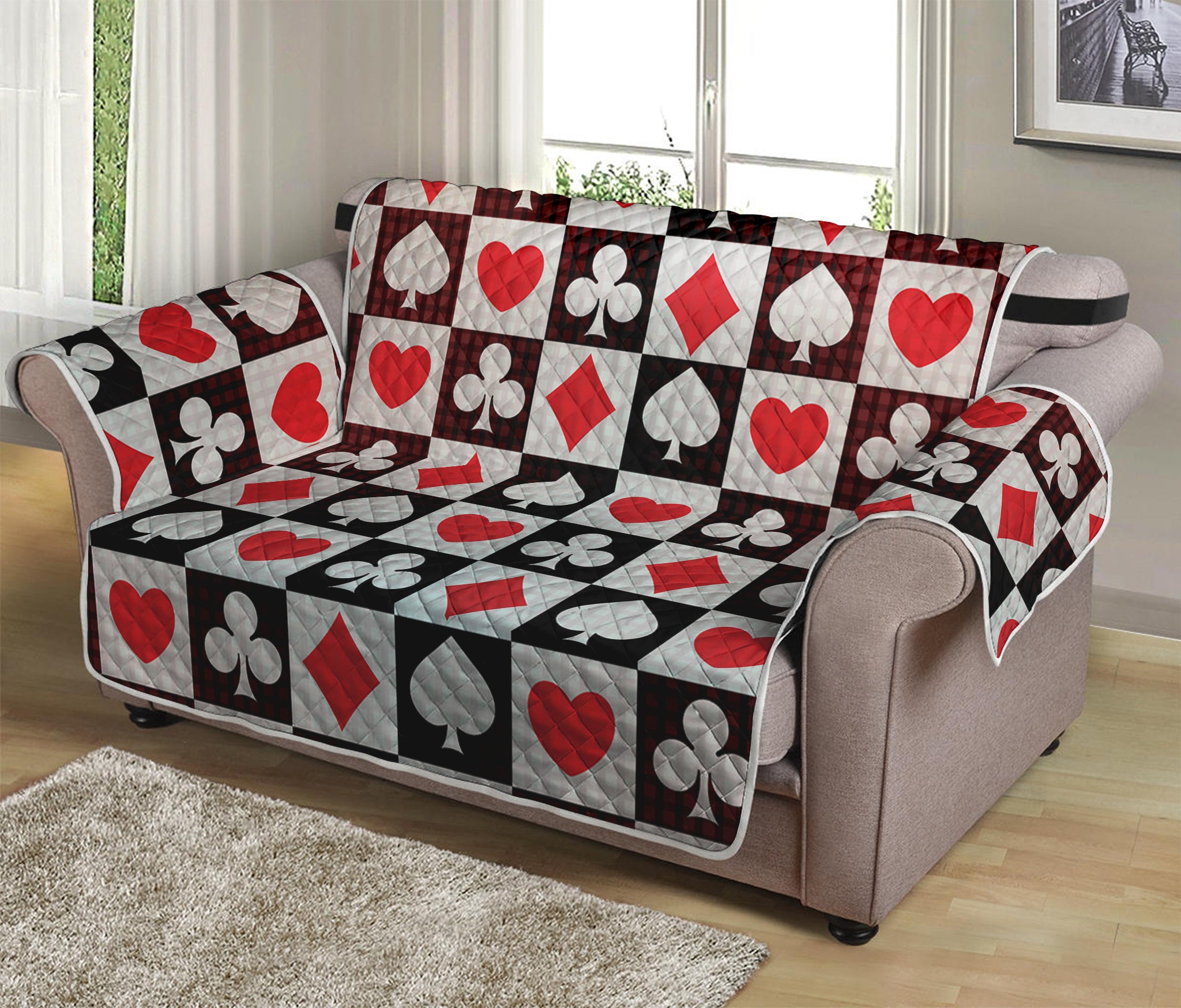 Playing Card Suits Check Pattern Print Loveseat Protector