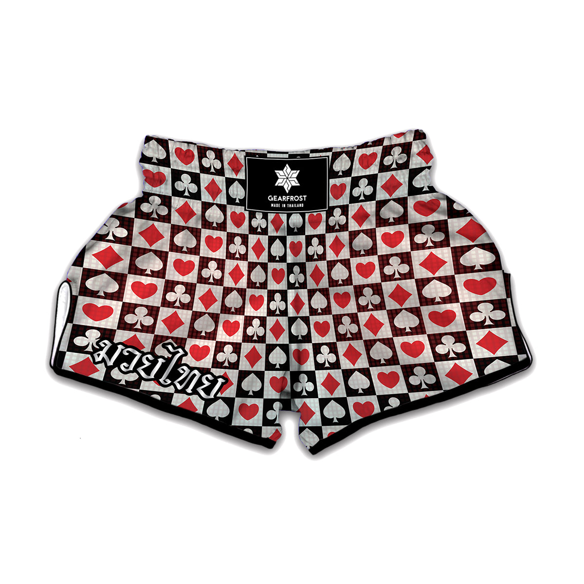 Playing Card Suits Check Pattern Print Muay Thai Boxing Shorts