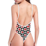 Playing Card Suits Check Pattern Print One Piece High Cut Swimsuit