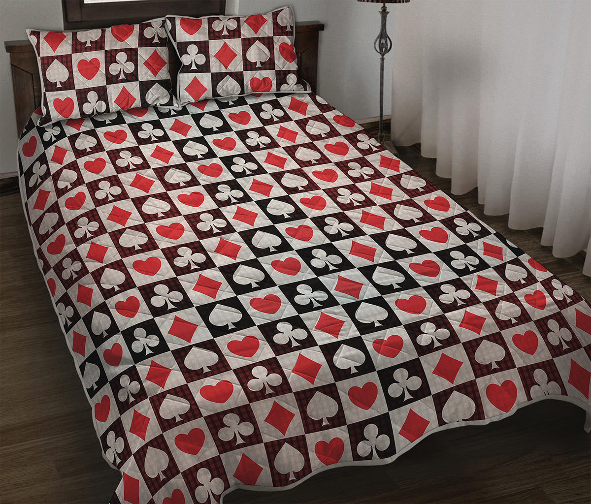 Playing Card Suits Check Pattern Print Quilt Bed Set