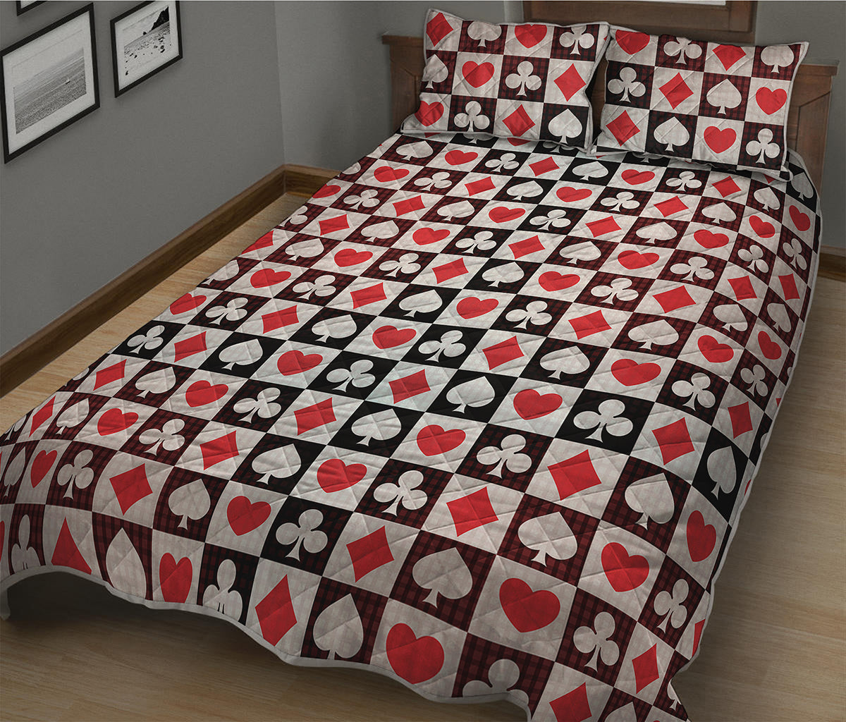 Playing Card Suits Check Pattern Print Quilt Bed Set