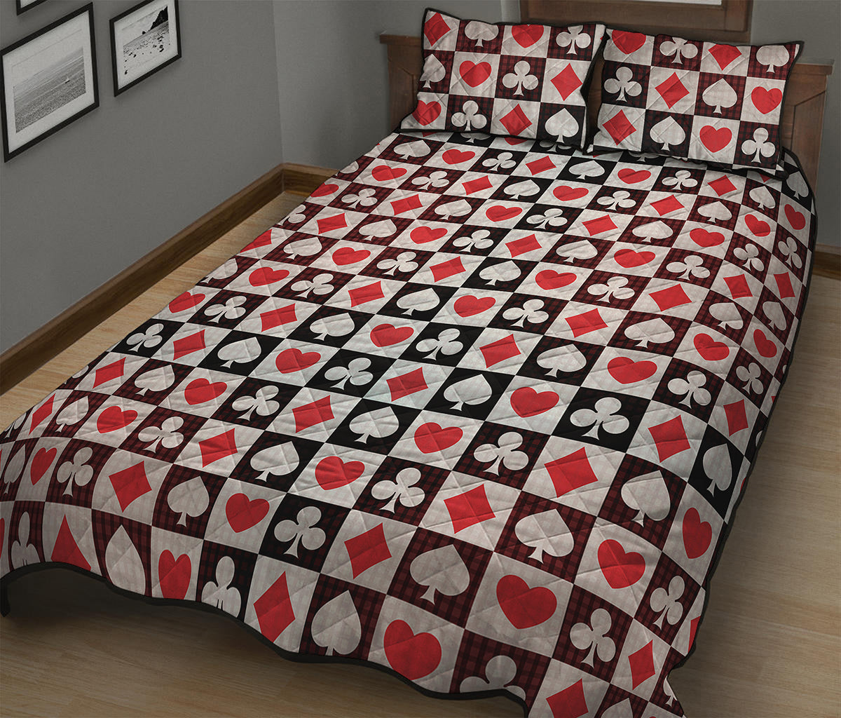 Playing Card Suits Check Pattern Print Quilt Bed Set