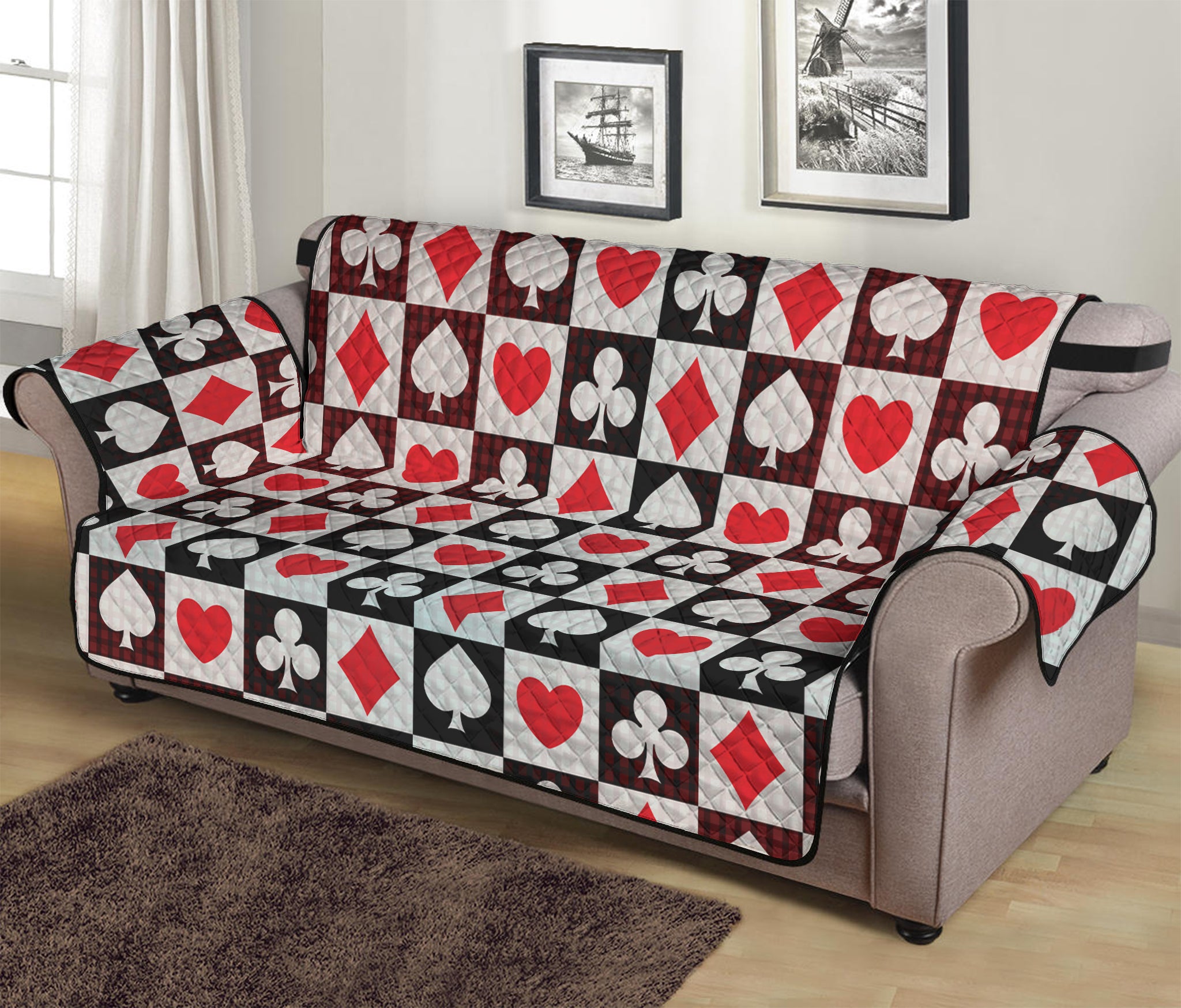 Playing Card Suits Check Pattern Print Sofa Protector