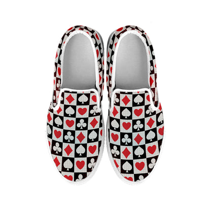 Playing Card Suits Check Pattern Print White Slip On Shoes