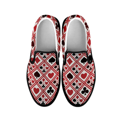 Playing Card Suits Plaid Pattern Print Black Slip On Shoes